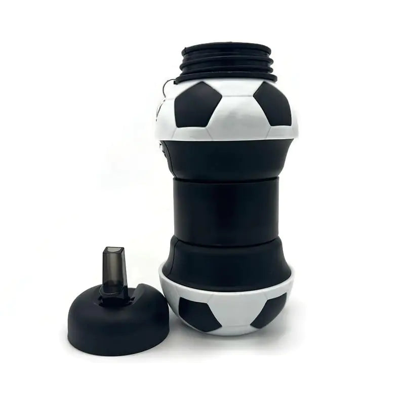 Soccer Style Kids Water Bottle Collapsible Silcione Water Bottles Leakproof 16oz Portable Foldable Expandable Water Bottle Sports Cups with Straw BPA Free for Outdoor (Black)